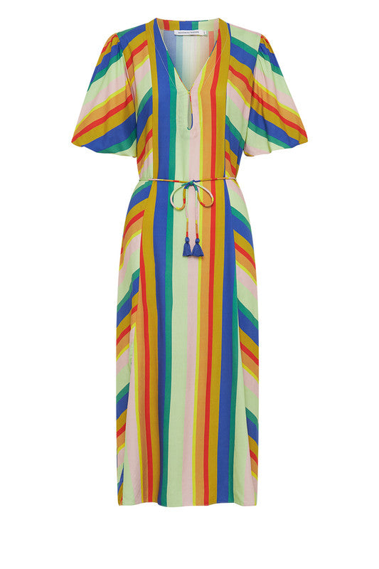 jumbled bohemian traders puff sleeve midi dress rainbow stripe sunrise short sleeve summer dress kaftan bright blue yellow red women fashion australia jumbledonline v neck tie belt