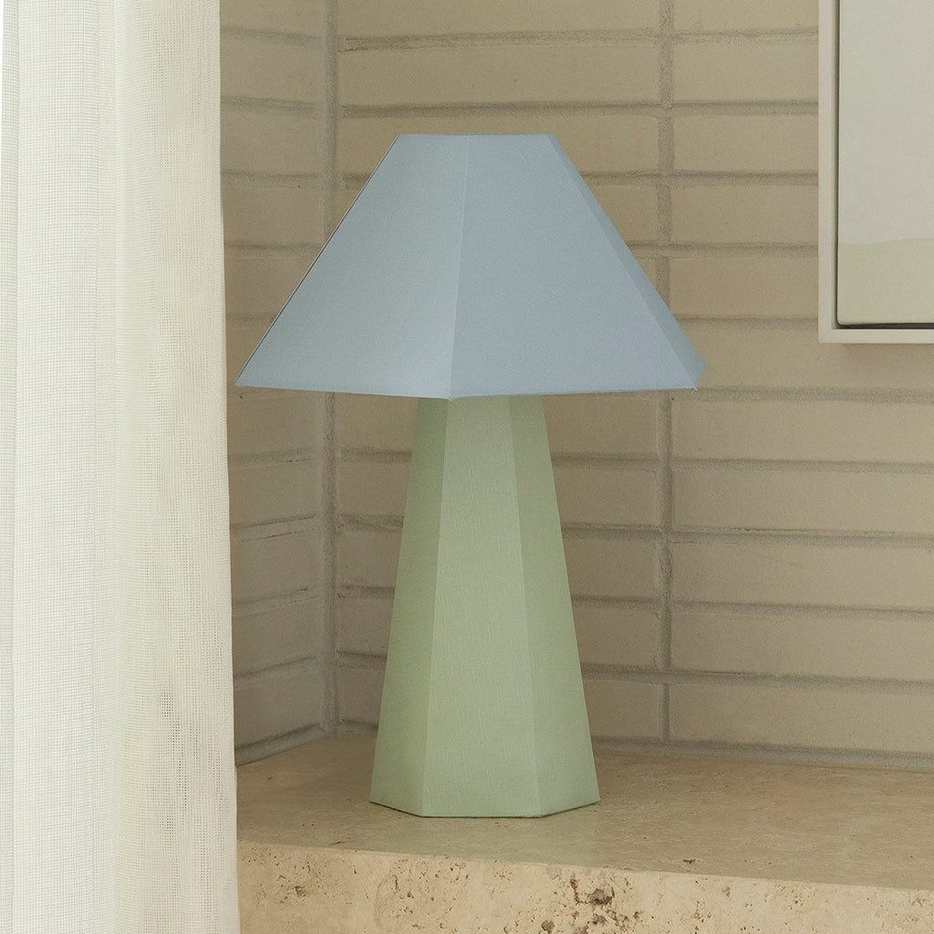 jumbled Paola and joy Blake table lamp hexagonal linen warm light glow glacial mint green blue home styling fun bright new australia jumbledonline